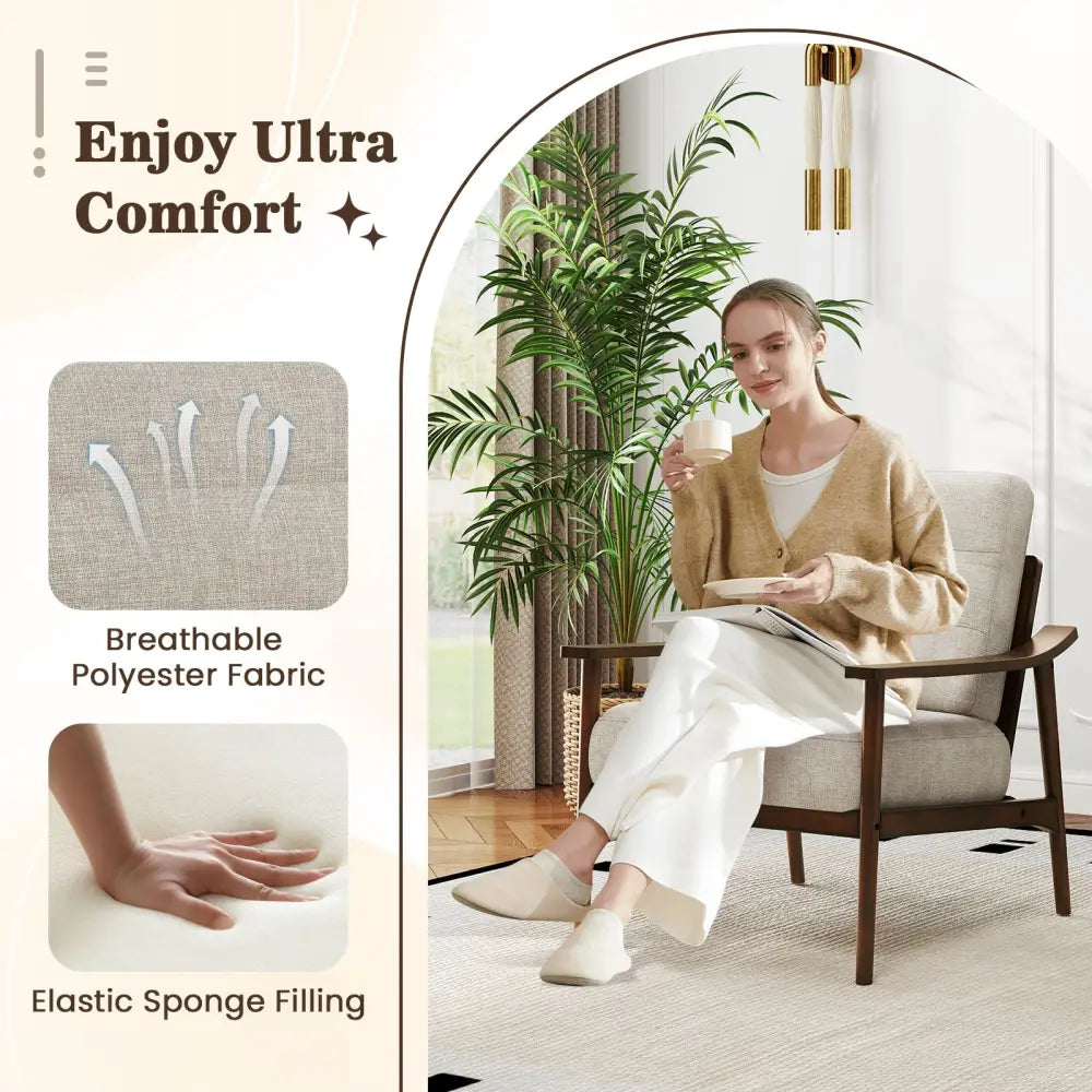Modern Accent Chair with Rubber Wood Armrests and Legs for Living Room-Brown - Brown - Accent Chairs