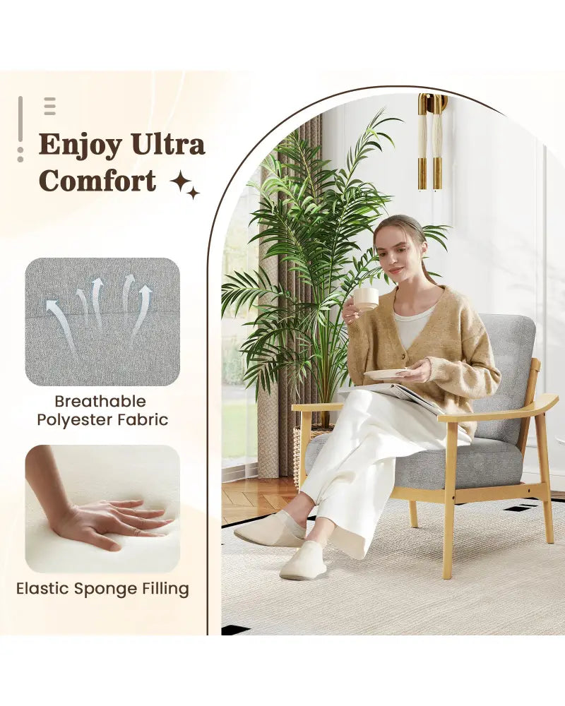Modern Accent Chair with Rubber Wood Armrests and Legs for Living Room-Natural - Natural - Accent Chairs