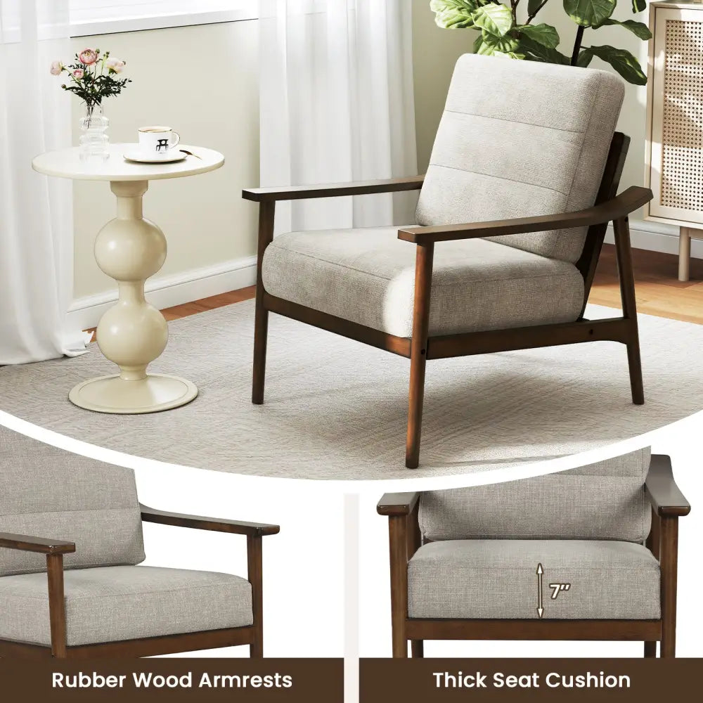 Modern Accent Chair with Rubber Wood Armrests and Legs for Living Room-Brown - Brown - Accent Chairs