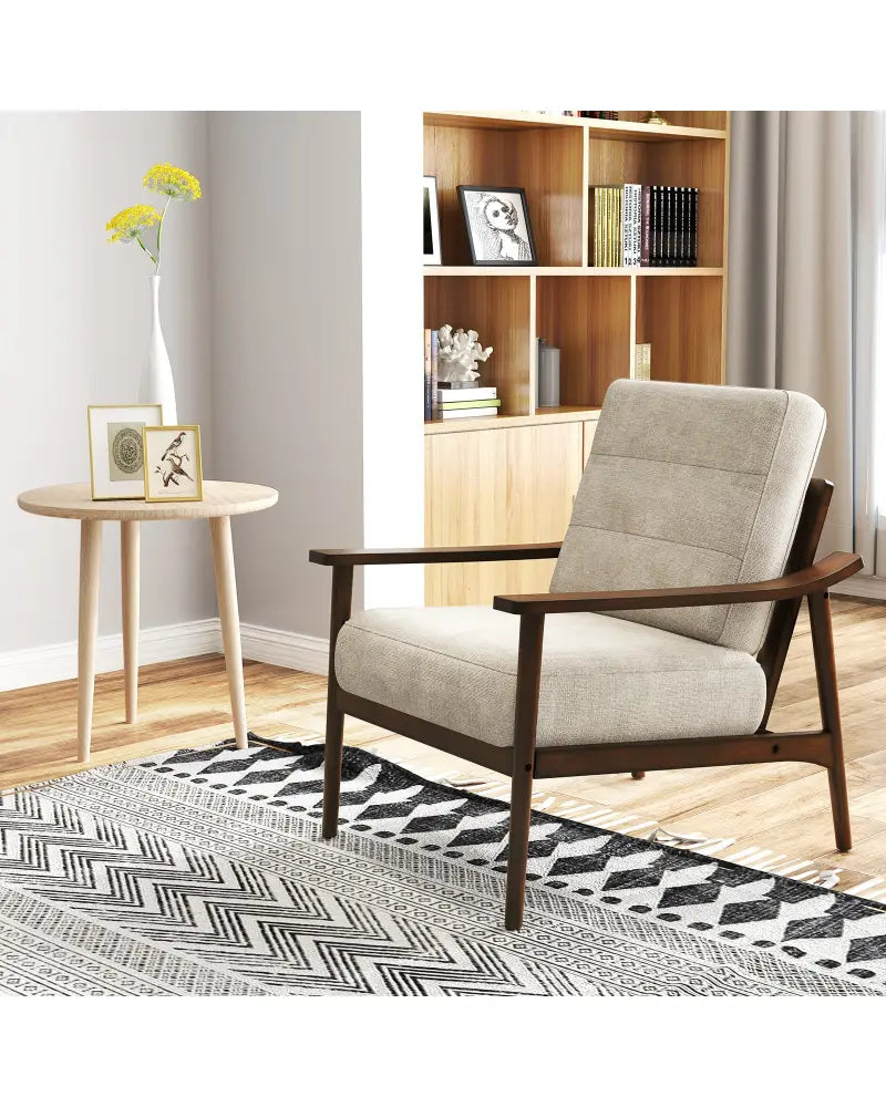 Modern Accent Chair with Rubber Wood Armrests and Legs for Living Room-Brown - Brown - Accent Chairs
