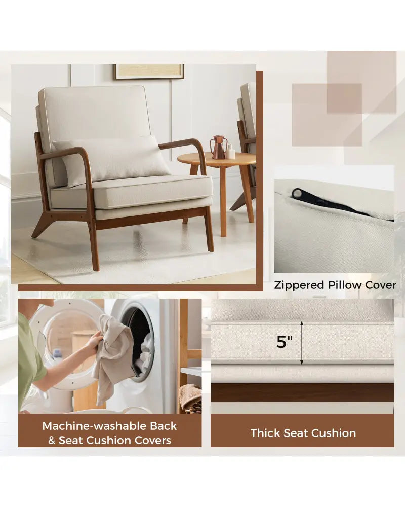 Modern Accent Chair with Rubber Wood Armrests and Removable Back-Beige - Beige - Accent Chairs