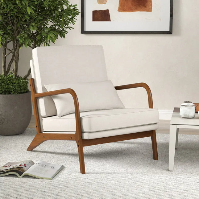 Modern Accent Chair with Rubber Wood Armrests and Removable Back-Beige - Beige - Accent Chairs