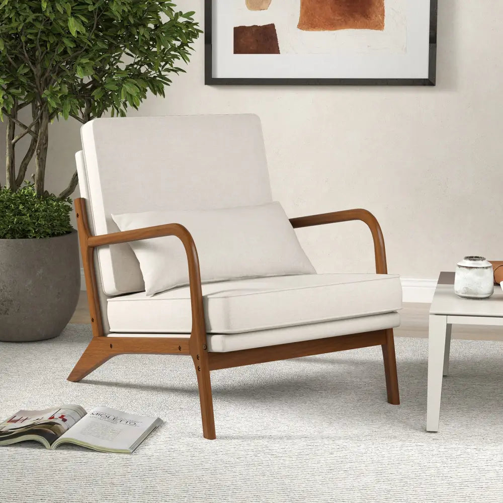 Modern Accent Chair with Rubber Wood Armrests and Removable Back-Beige - Beige - Accent Chairs