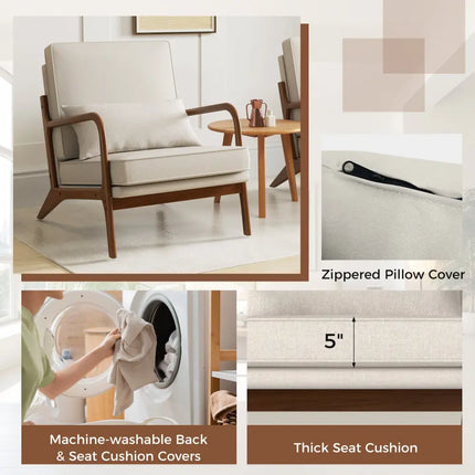 Modern Accent Chair with Rubber Wood Armrests and Removable Back-Beige - Beige - Accent Chairs