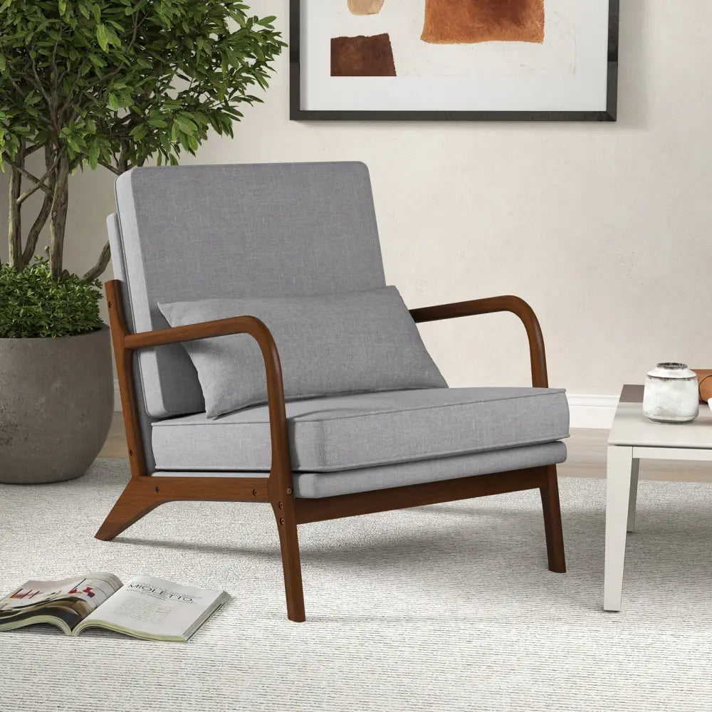Modern Accent Chair with Rubber Wood Armrests and Removable Back-Gray - Gray - Accent Chairs