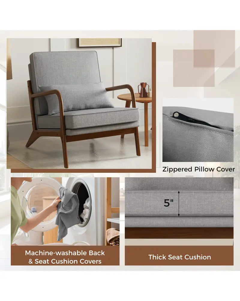 Modern Accent Chair with Rubber Wood Armrests and Removable Back-Gray - Gray - Accent Chairs