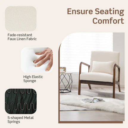 Modern Accent Chair with Rubber Wood Frame and Lumbar Pillow-Beige - Beige - Accent Chairs