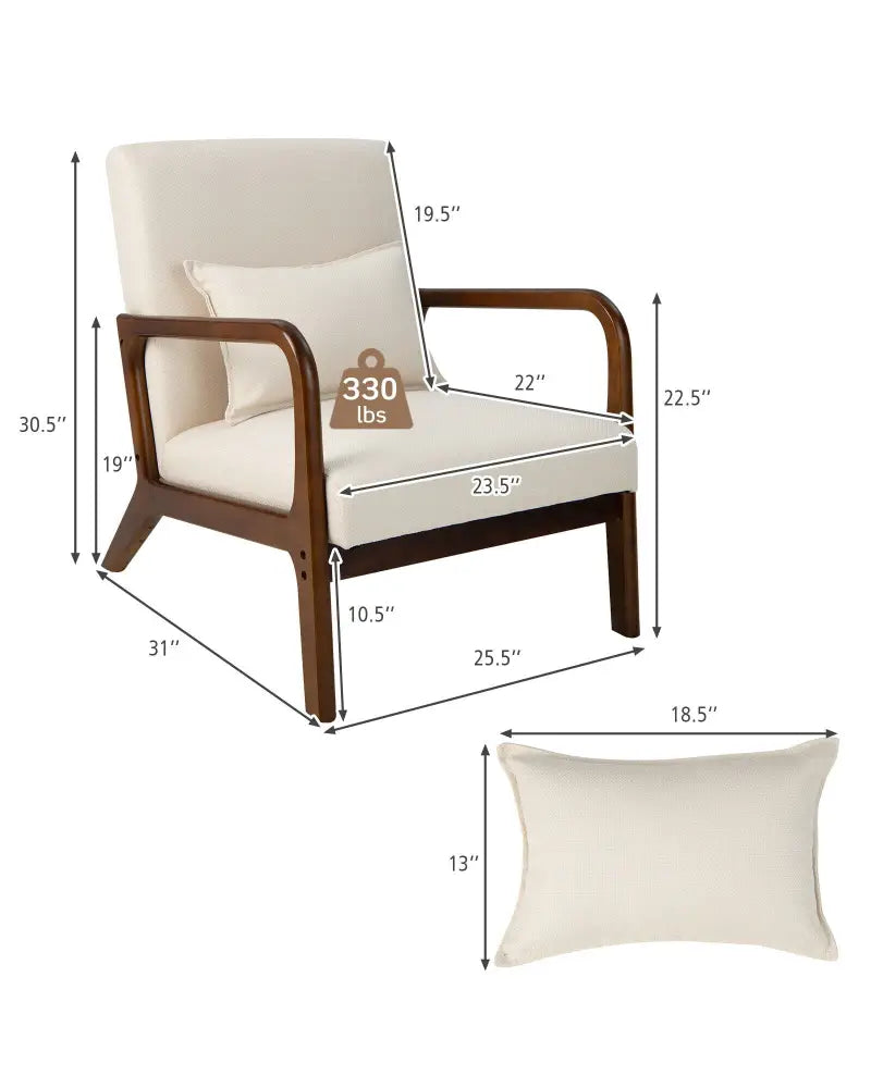Modern Accent Chair with Rubber Wood Frame and Lumbar Pillow-Beige - Beige - Accent Chairs