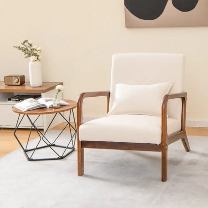 Modern Accent Chair with Rubber Wood Frame and Lumbar Pillow-Beige - Beige - Accent Chairs