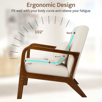 Modern Accent Chair with Rubber Wood Frame and Lumbar Pillow-Beige - Beige - Accent Chairs