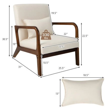Modern Accent Chair with Rubber Wood Frame and Lumbar Pillow-Beige - Beige - Accent Chairs