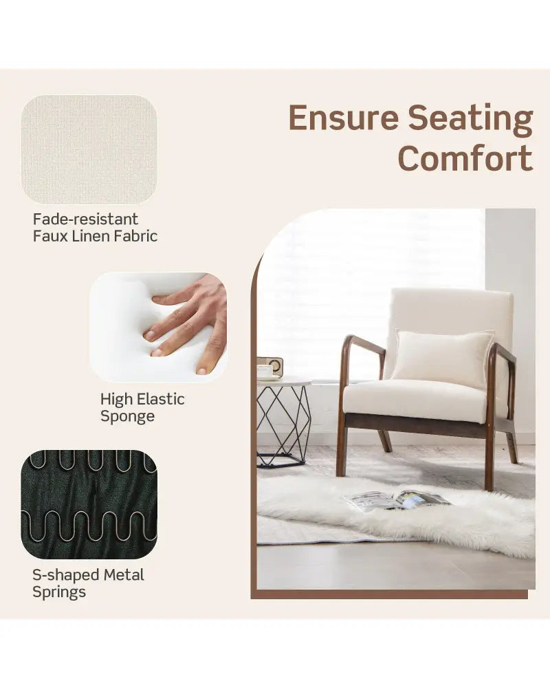Modern Accent Chair with Rubber Wood Frame and Lumbar Pillow-Beige - Beige - Accent Chairs