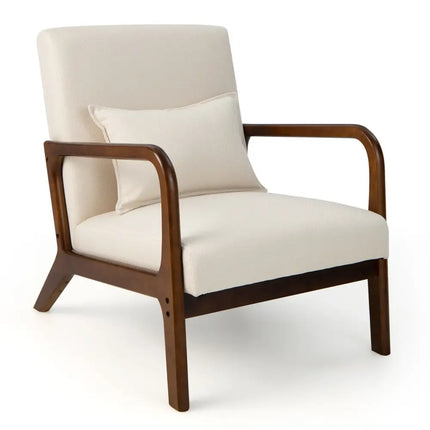 Modern Accent Chair with Rubber Wood Frame and Lumbar Pillow-Beige - Beige - Accent Chairs