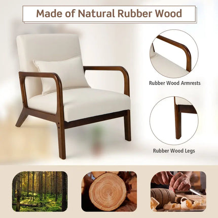 Modern Accent Chair with Rubber Wood Frame and Lumbar Pillow-Beige - Beige - Accent Chairs