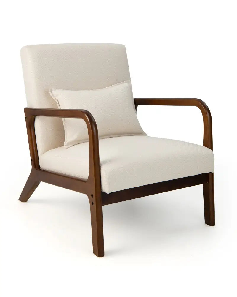 Modern Accent Chair with Rubber Wood Frame and Lumbar Pillow-Beige - Beige - Accent Chairs