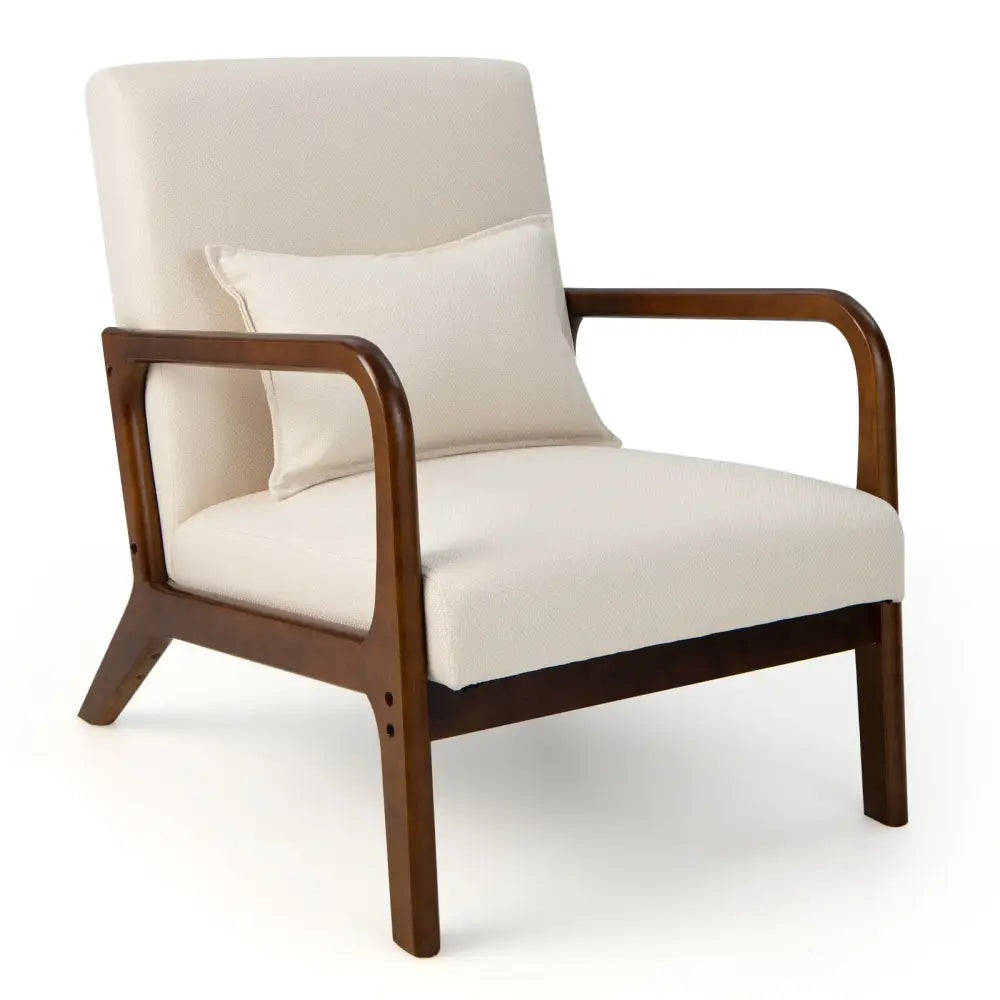 Modern Accent Chair with Rubber Wood Frame and Lumbar Pillow-Beige - Beige - Accent Chairs