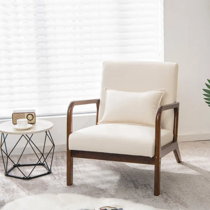 Modern Accent Chair with Rubber Wood Frame and Lumbar Pillow-Beige - Beige - Accent Chairs