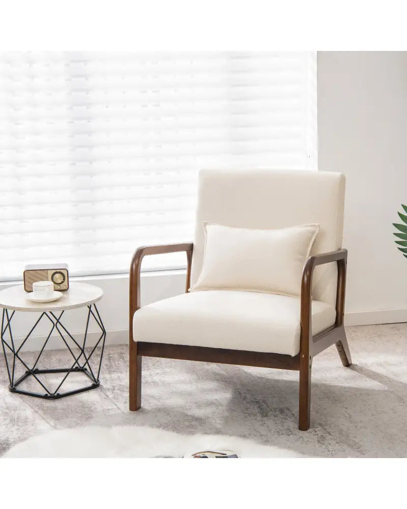 Modern Accent Chair with Rubber Wood Frame and Lumbar Pillow-Beige - Beige - Accent Chairs