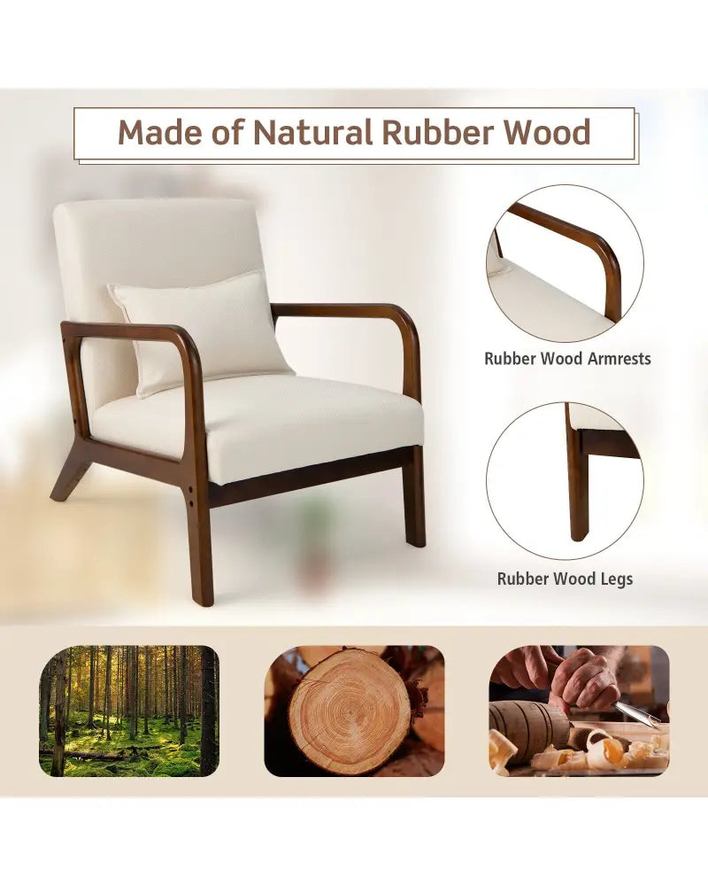 Modern Accent Chair with Rubber Wood Frame and Lumbar Pillow-Beige - Beige - Accent Chairs