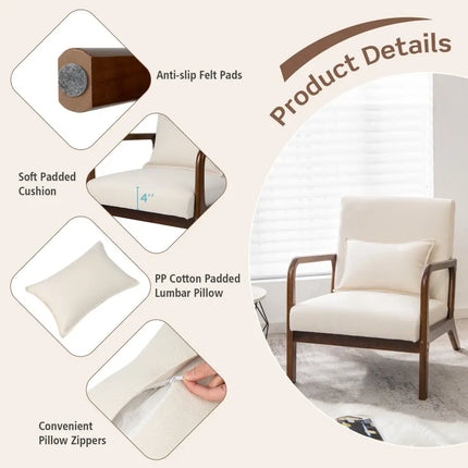 Modern Accent Chair with Rubber Wood Frame and Lumbar Pillow-Beige - Beige - Accent Chairs