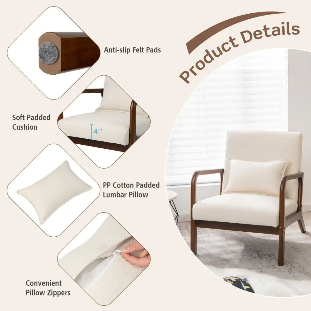 Modern Accent Chair with Rubber Wood Frame and Lumbar Pillow-Beige - Beige - Accent Chairs