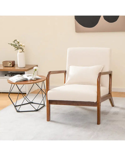 Modern Accent Chair with Rubber Wood Frame and Lumbar Pillow-Beige - Beige - Accent Chairs