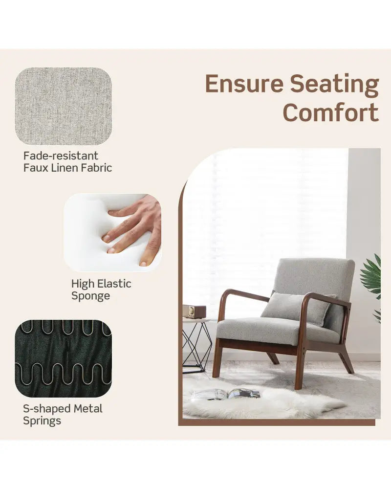Modern Accent Chair with Rubber Wood Frame and Lumbar Pillow-Gray - Gray - Accent Chairs