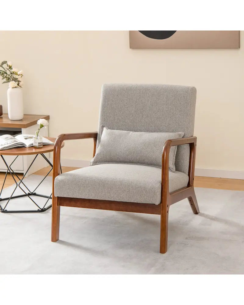 Modern Accent Chair with Rubber Wood Frame and Lumbar Pillow-Gray - Gray - Accent Chairs