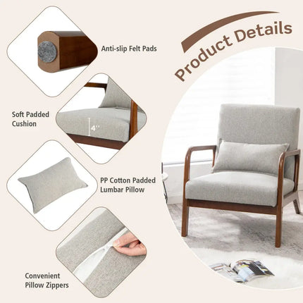 Modern Accent Chair with Rubber Wood Frame and Lumbar Pillow-Gray - Gray - Accent Chairs