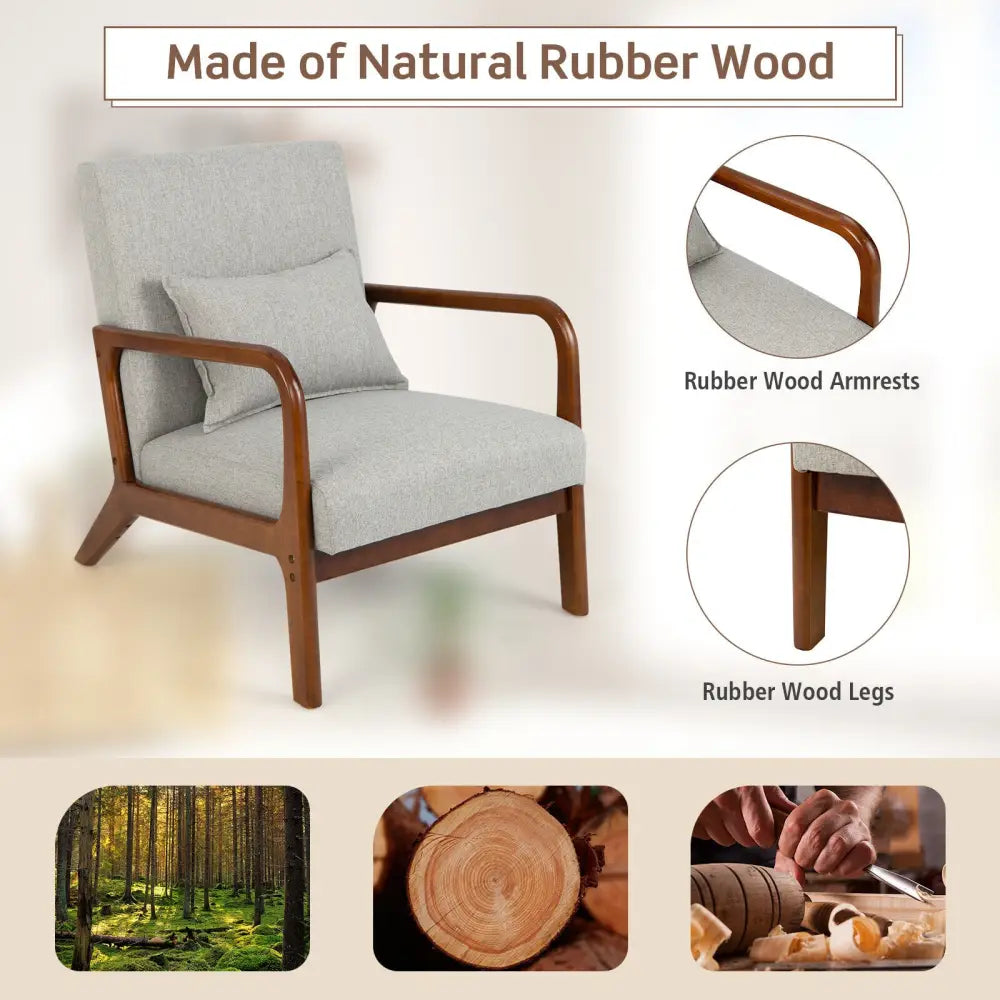 Modern Accent Chair with Rubber Wood Frame and Lumbar Pillow-Gray - Gray - Accent Chairs