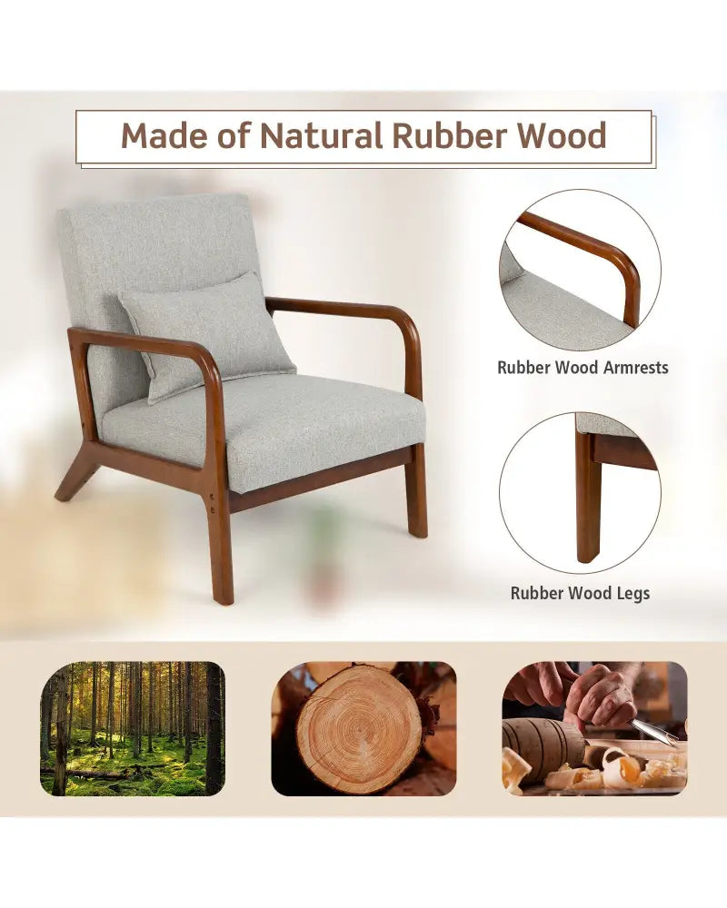 Modern Accent Chair with Rubber Wood Frame and Lumbar Pillow-Gray - Gray - Accent Chairs