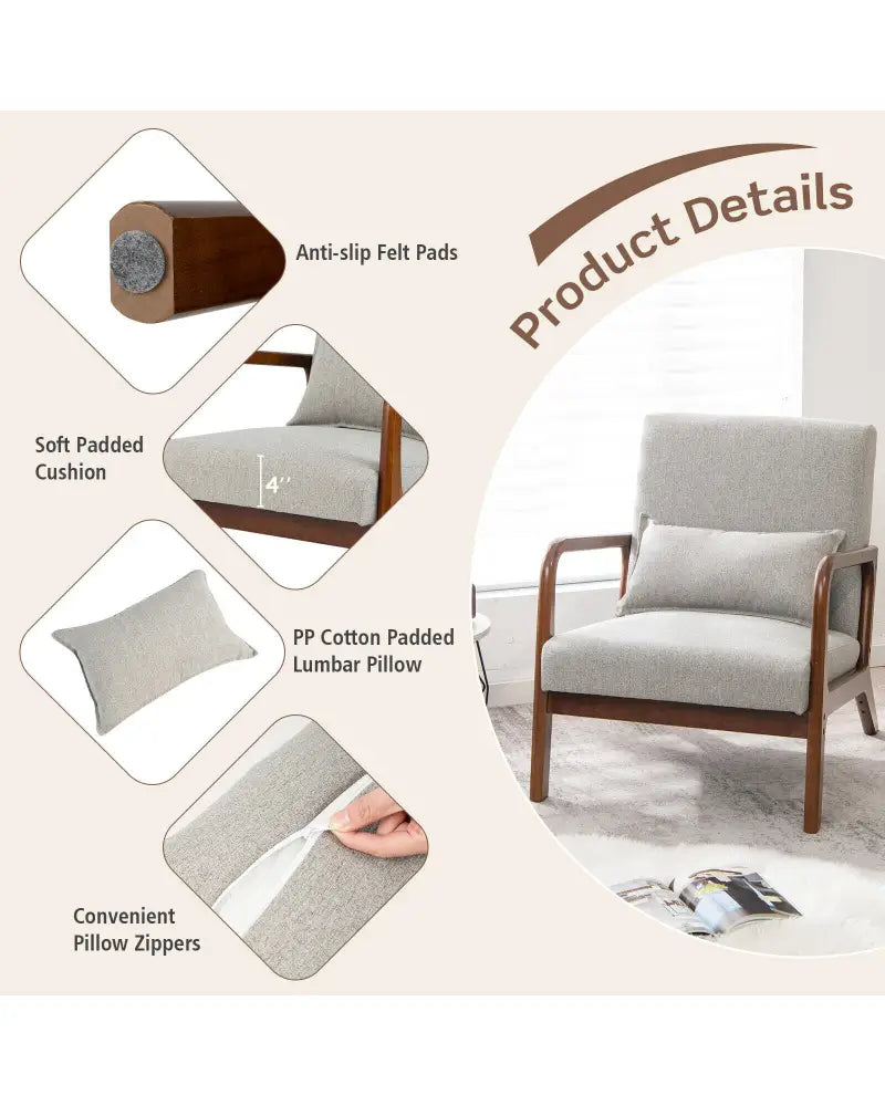 Modern Accent Chair with Rubber Wood Frame and Lumbar Pillow-Gray - Gray - Accent Chairs