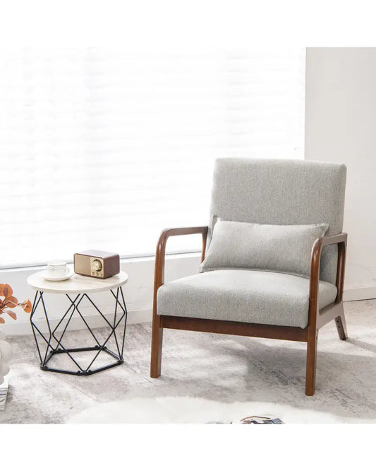 Modern Accent Chair with Rubber Wood Frame and Lumbar Pillow-Gray - Gray - Accent Chairs