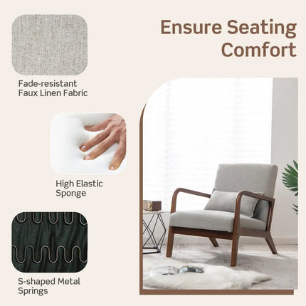 Modern Accent Chair with Rubber Wood Frame and Lumbar Pillow-Gray - Gray - Accent Chairs