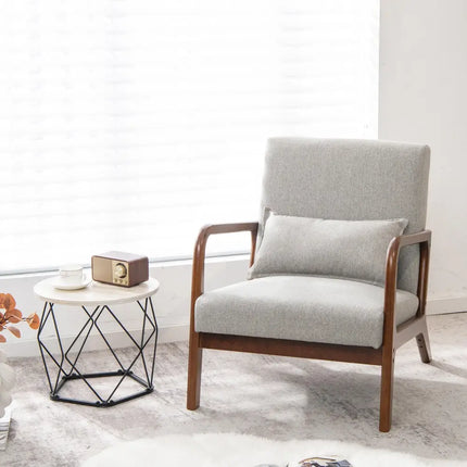 Modern Accent Chair with Rubber Wood Frame and Lumbar Pillow-Gray - Gray - Accent Chairs