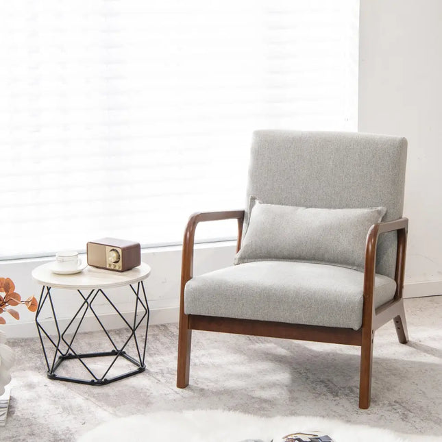 Modern Accent Chair with Rubber Wood Frame and Lumbar Pillow-Gray - Gray - Accent Chairs