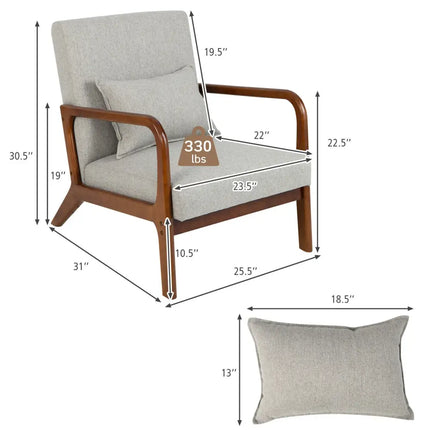 Modern Accent Chair with Rubber Wood Frame and Lumbar Pillow-Gray - Gray - Accent Chairs