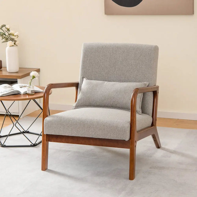Modern Accent Chair with Rubber Wood Frame and Lumbar Pillow-Gray - Gray - Accent Chairs