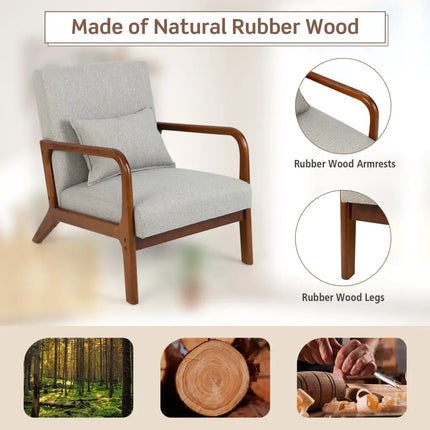 Modern Accent Chair with Rubber Wood Frame and Lumbar Pillow-Gray - Gray - Accent Chairs