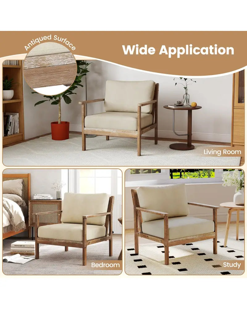 Modern Accent Chair with Solid Rubber Wood Armrests - Beige - Accent Chairs
