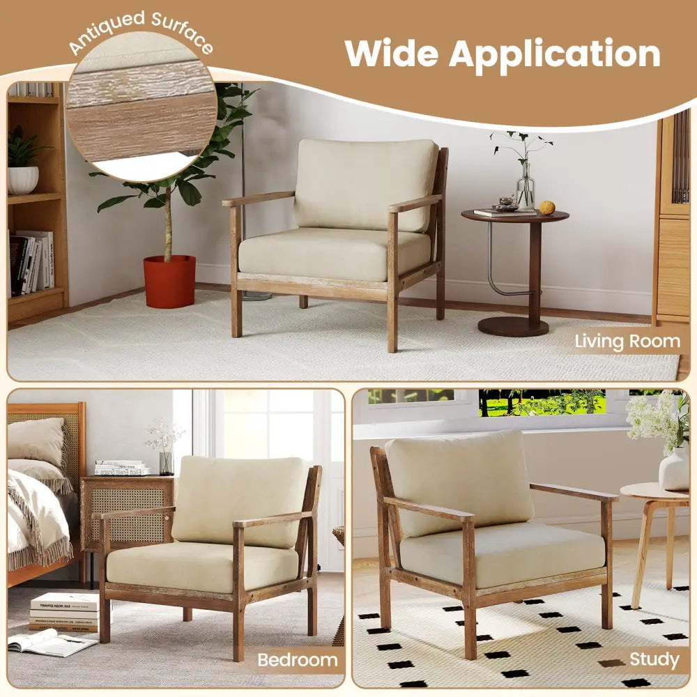 Modern Accent Chair with Solid Rubber Wood Armrests - Beige - Accent Chairs