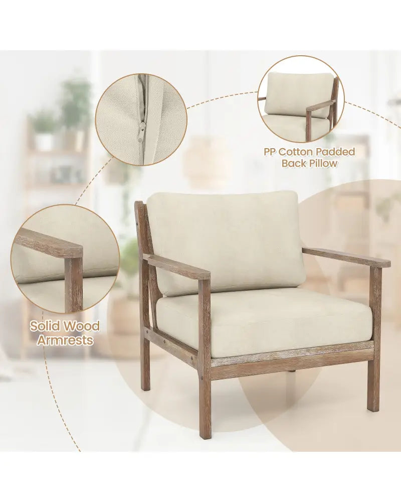 Modern Accent Chair with Solid Rubber Wood Armrests - Beige - Accent Chairs