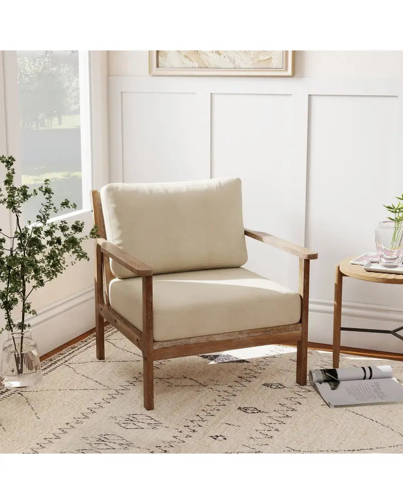 Modern Accent Chair with Solid Rubber Wood Armrests - Beige - Accent Chairs