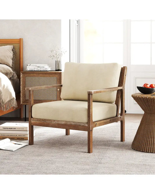 Modern Accent Chair with Solid Rubber Wood Armrests - Beige - Accent Chairs