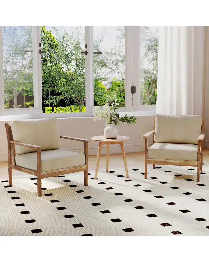 Modern Accent Chair with Solid Rubber Wood Armrests - Beige - Accent Chairs