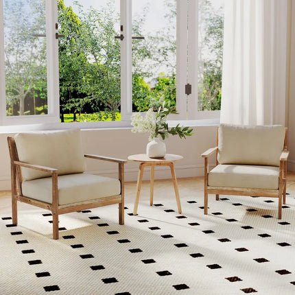 Modern Accent Chair with Solid Rubber Wood Armrests - Beige - Living Room