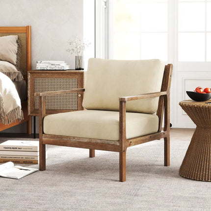 Modern Accent Chair with Solid Rubber Wood Armrests - Beige - Living Room