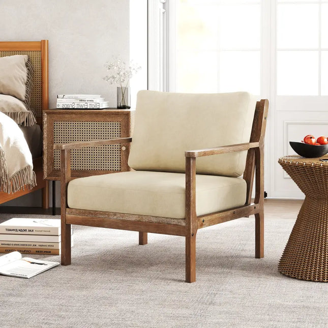 Modern Accent Chair with Solid Rubber Wood Armrests - Beige - Living Room