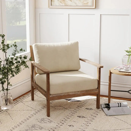 Modern Accent Chair with Solid Rubber Wood Armrests - Beige - Living Room