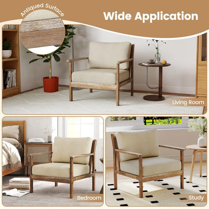 Modern Accent Chair with Solid Rubber Wood Armrests - Beige - Living Room